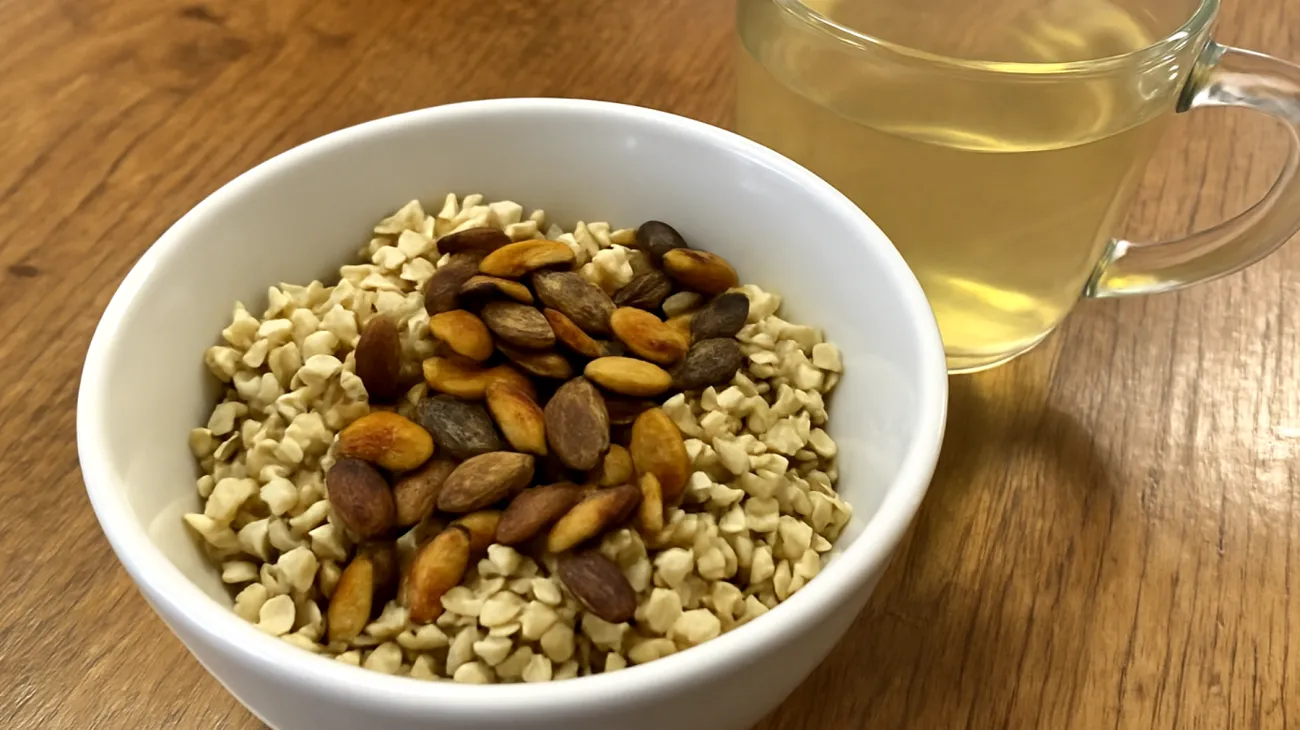 Buchweizen-Sprossen mit gerösteten Kürbiskernen und Zitronengras-Tee"