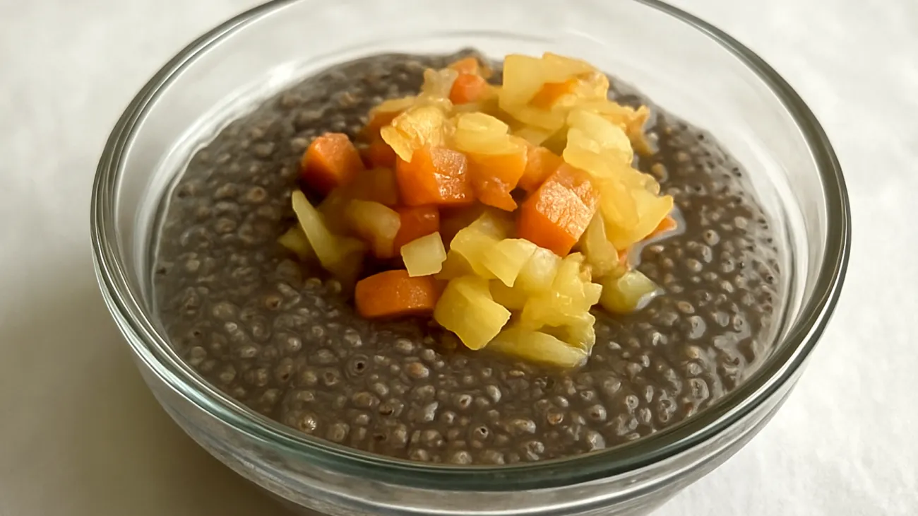 Chia-Pudding mit Flohsamenschalen und fermentierten Gemüsestückchen"