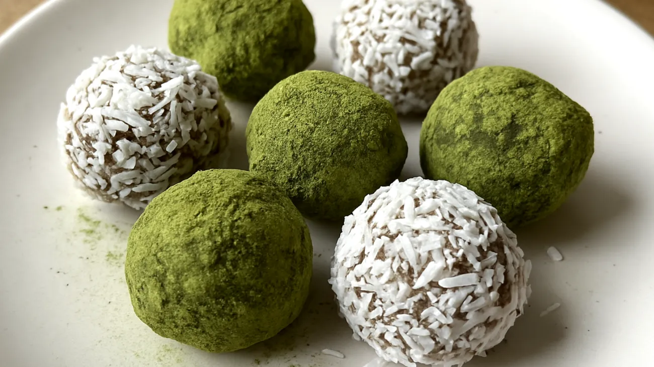 Hanfsamen-Dattel-Kugeln mit Matcha und Kokosraspeln"