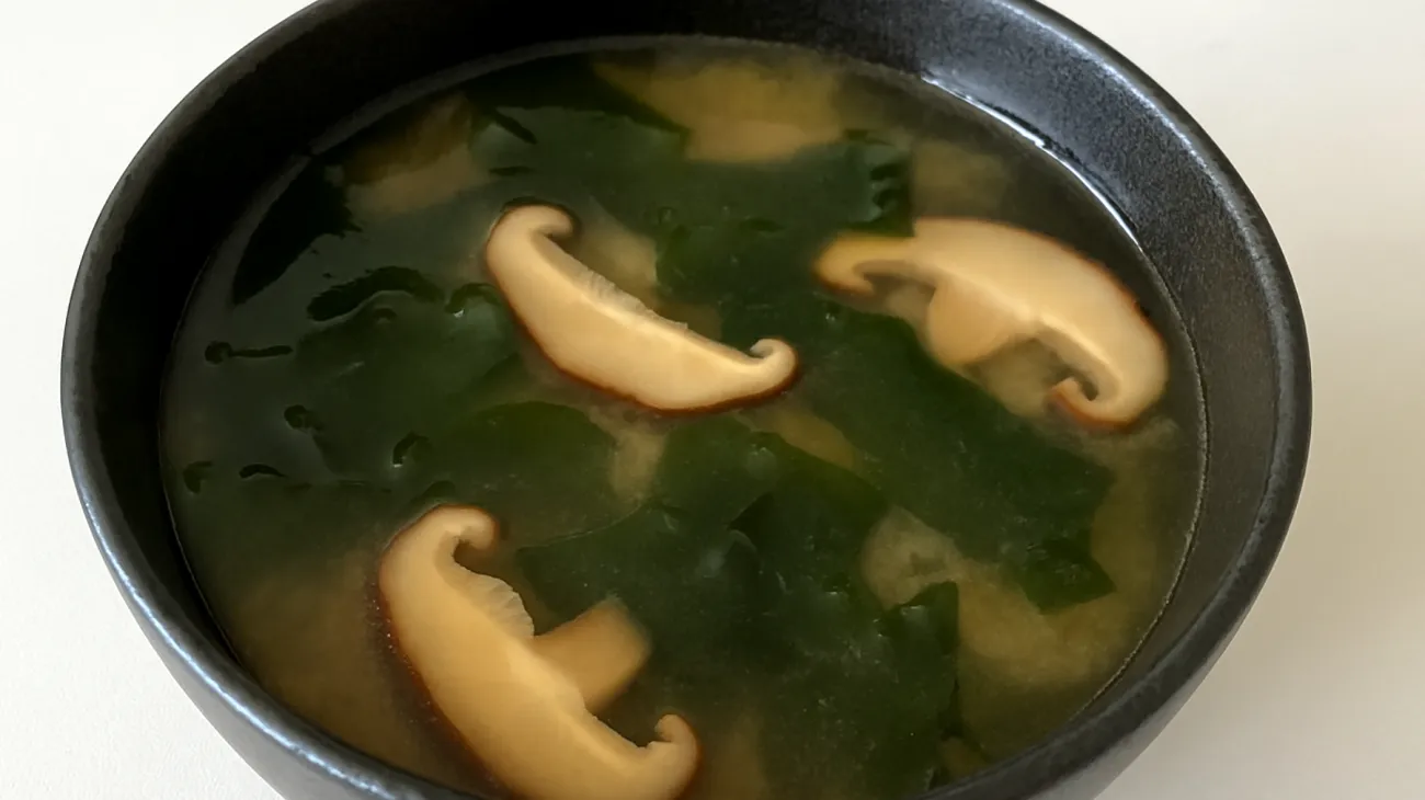 Miso-Suppe mit Wakame-Algen und Shiitake-Pilzen"