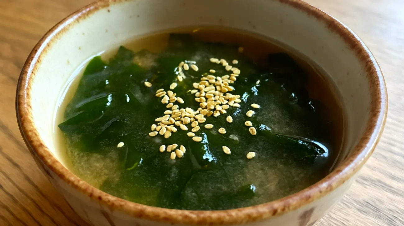Miso-Suppe mit Wakame-Algen und geröstetem Sesam"