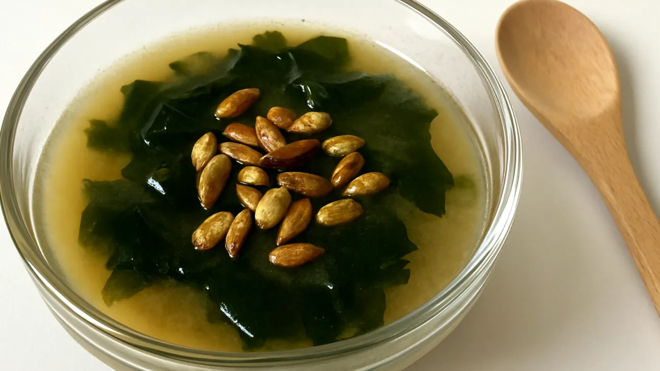 Miso-Suppe mit Wakame-Algen und gerösteten Kürbiskernen"