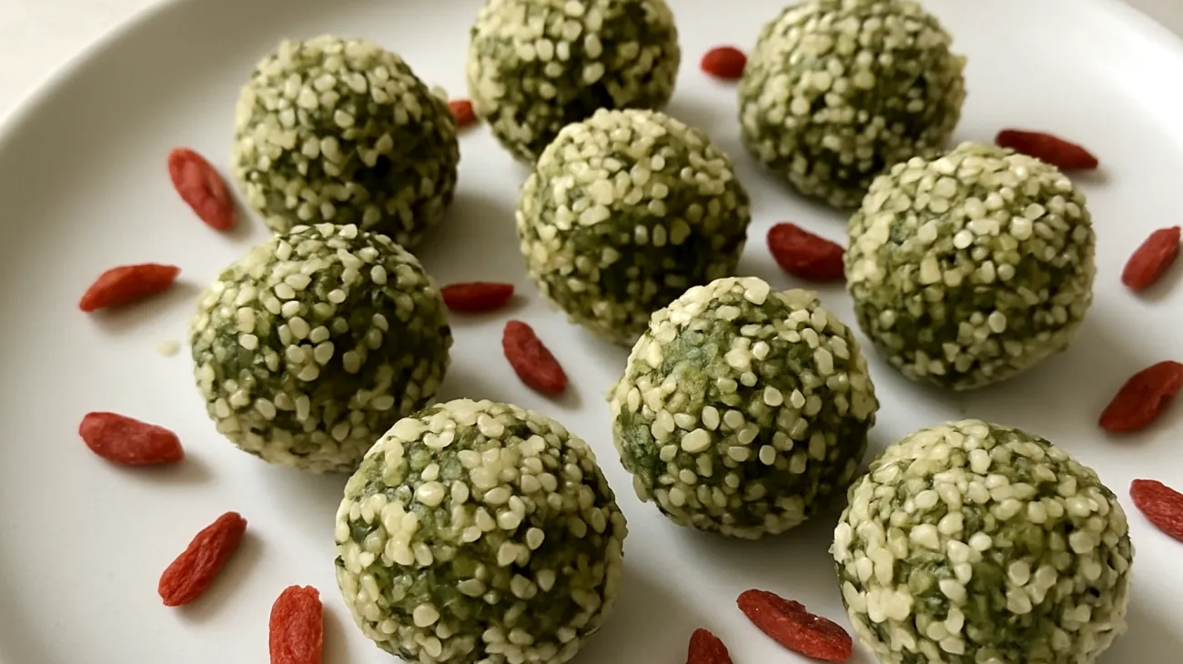Spirulina-Energiebällchen mit Hanfsamen und Goji-Beeren"