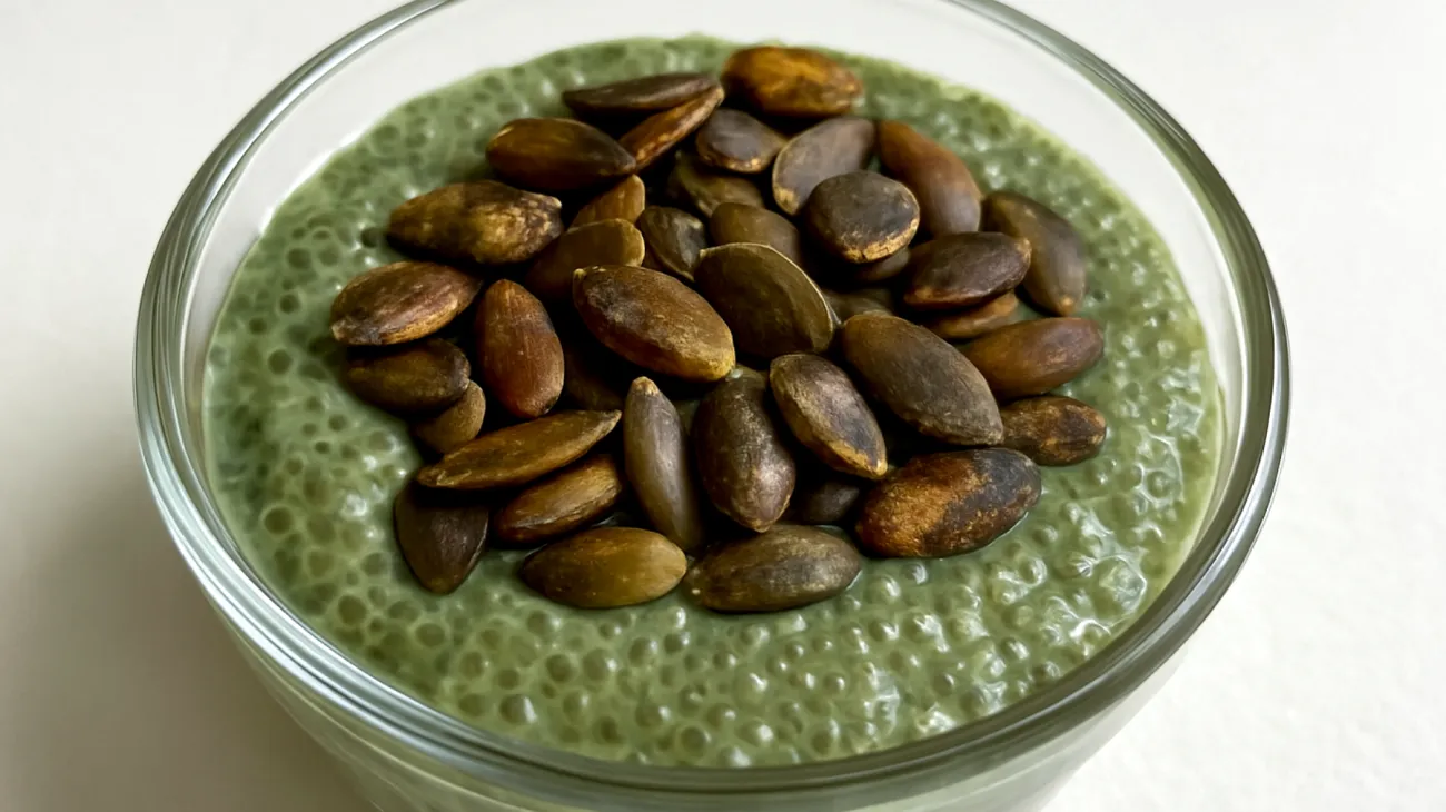 Chia-Pudding mit Spirulina und gerösteten Kürbiskernen"
